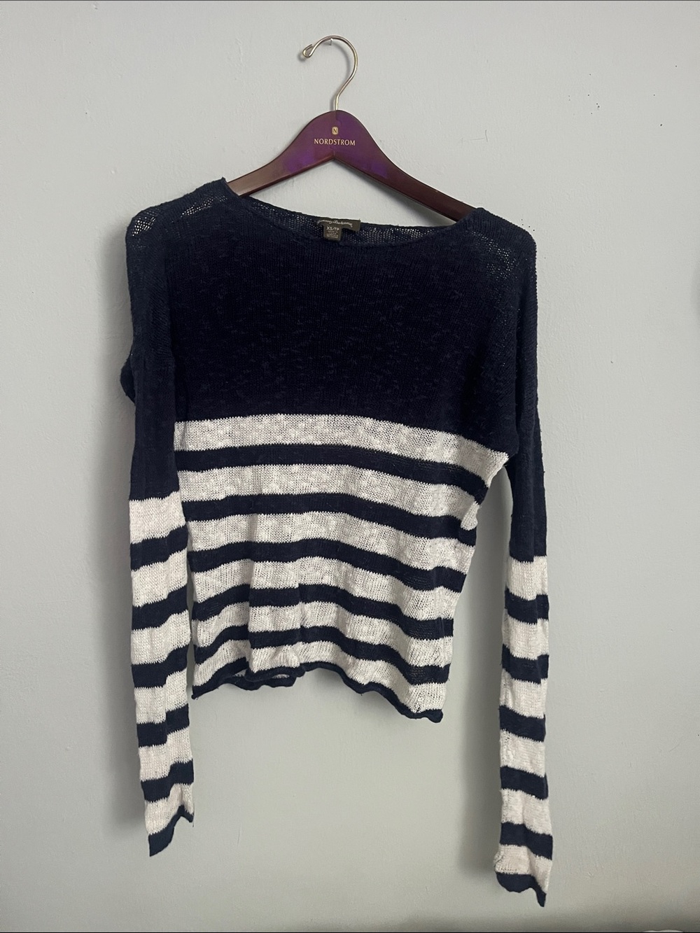 Tommy Bahama Navy and White Striped Lightweight Long Sleeve Top